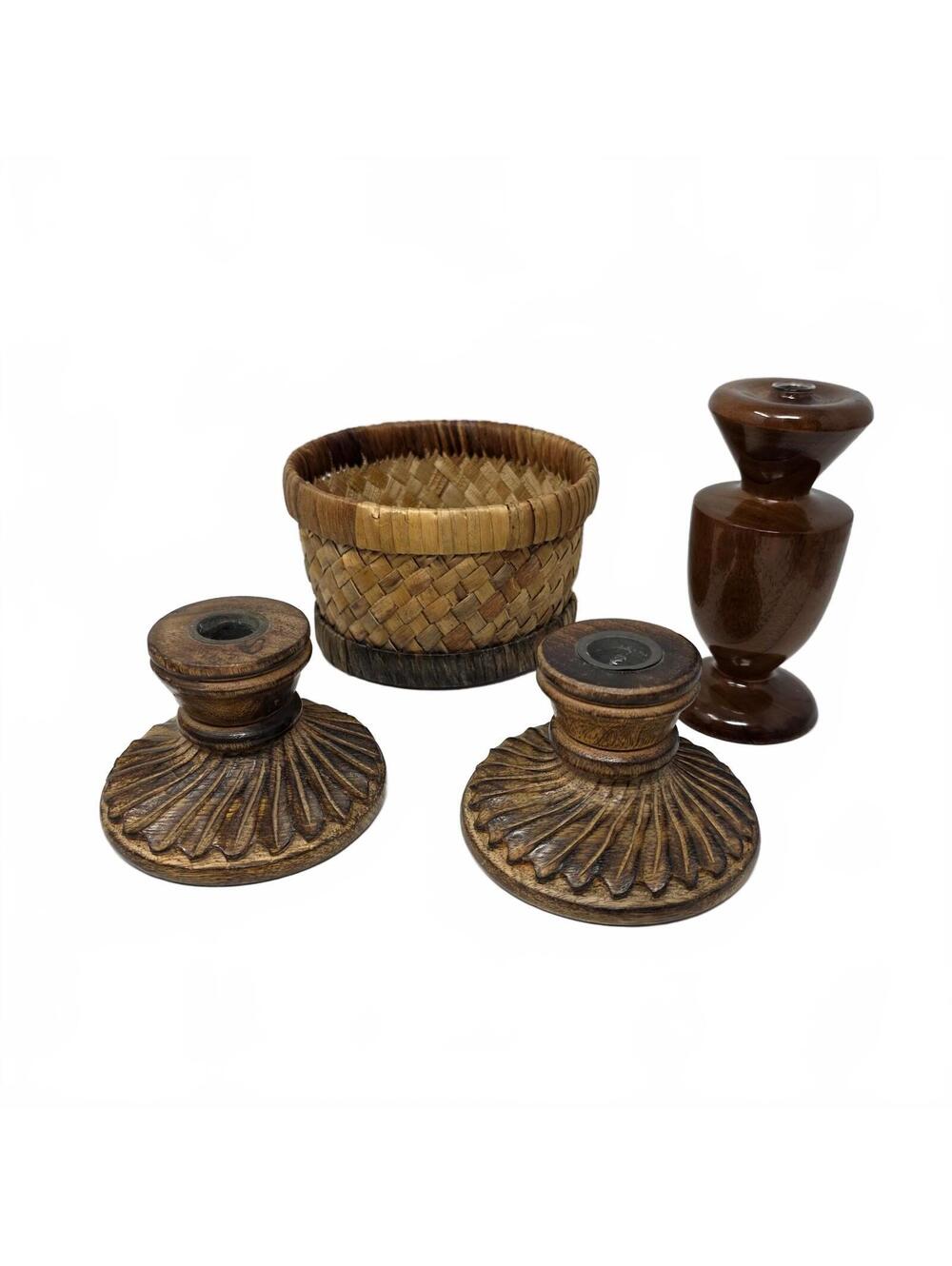 Warm Wood Decor Bundle: Walnut Bud Vase, Candleholders & Woven Basket